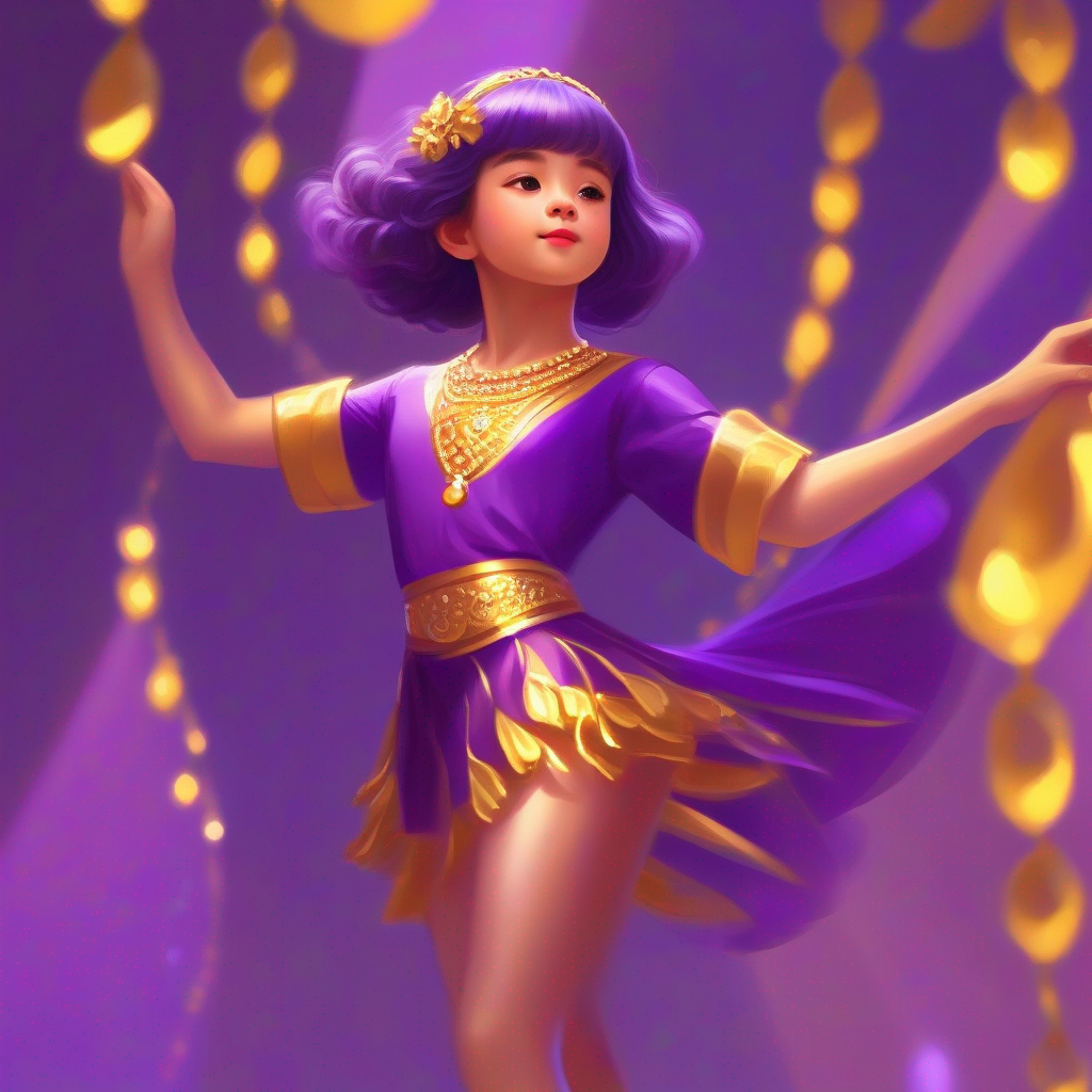A talented girl in a purple and gold dance costume. feeling guilty about the necklace.