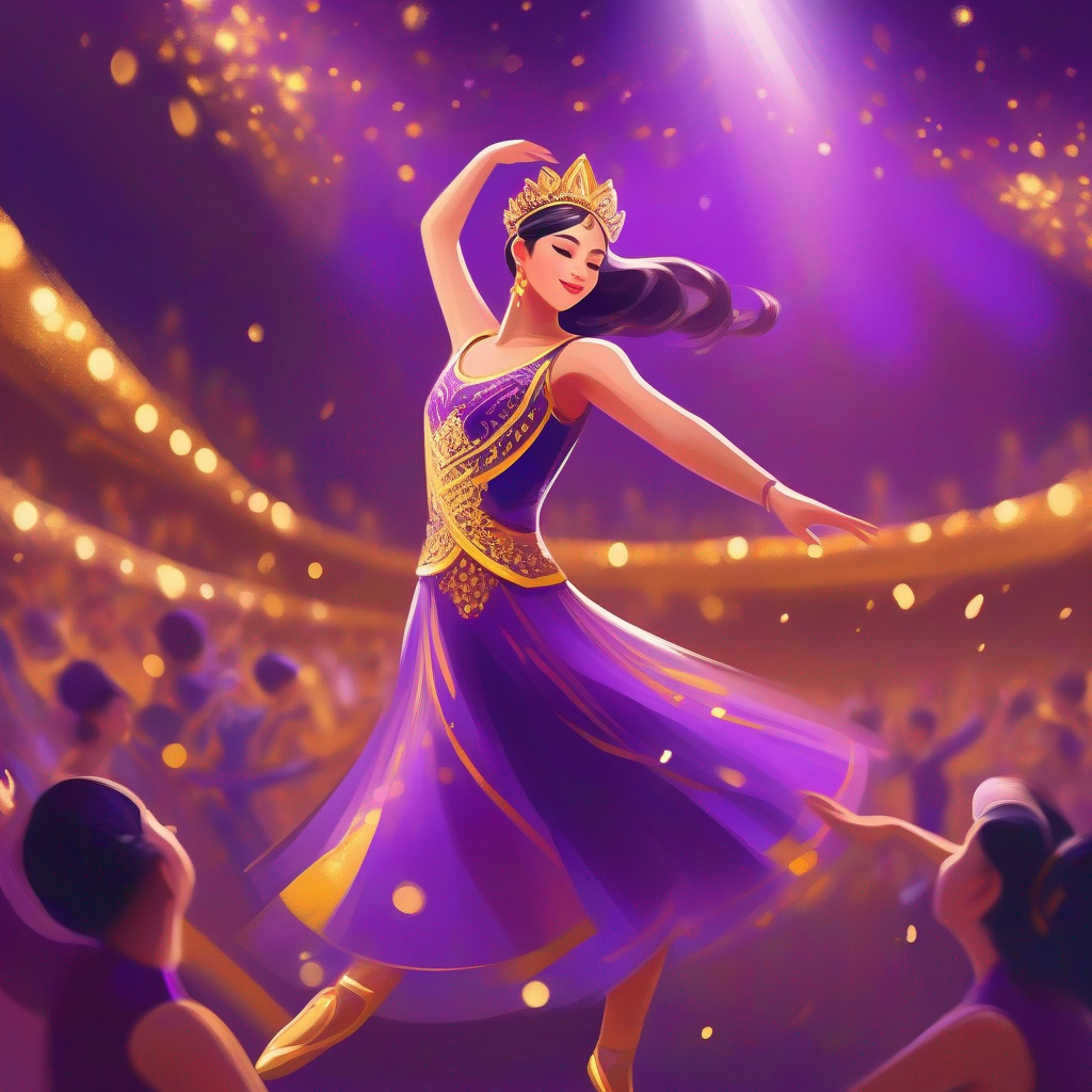 A talented girl in a purple and gold dance costume. performing on a grand stage with the dance troupe.