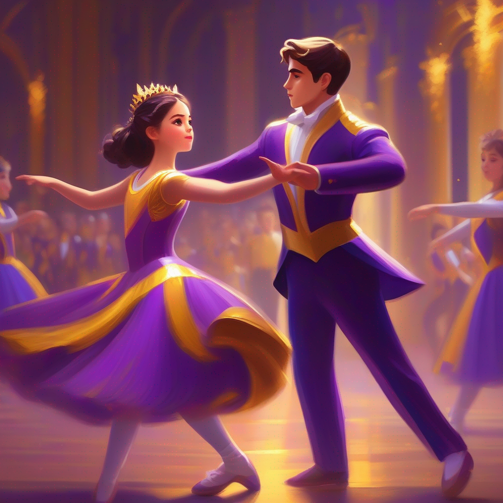 A talented girl in a purple and gold dance costume. confronting the rival dancer with evidence.