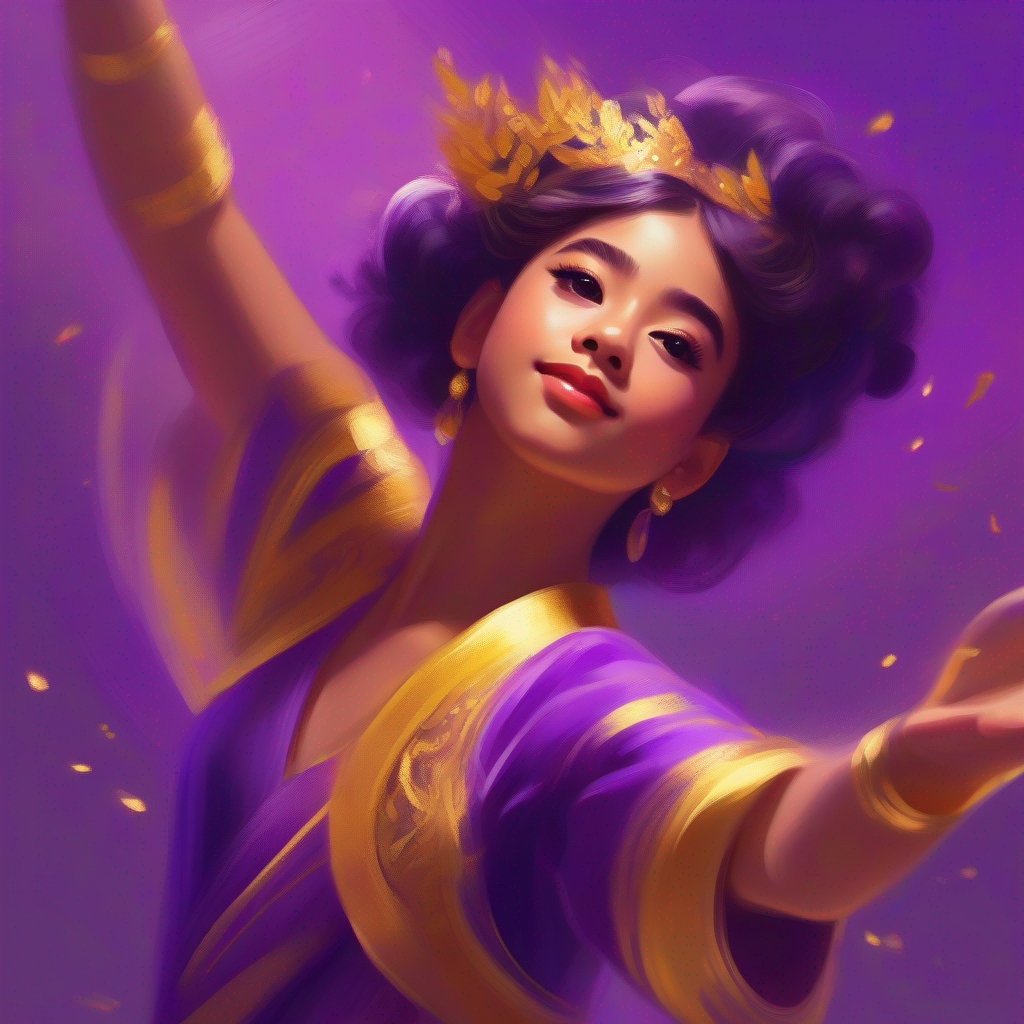 A talented girl in a purple and gold dance costume., a renowned dancer spreading the message of honesty.