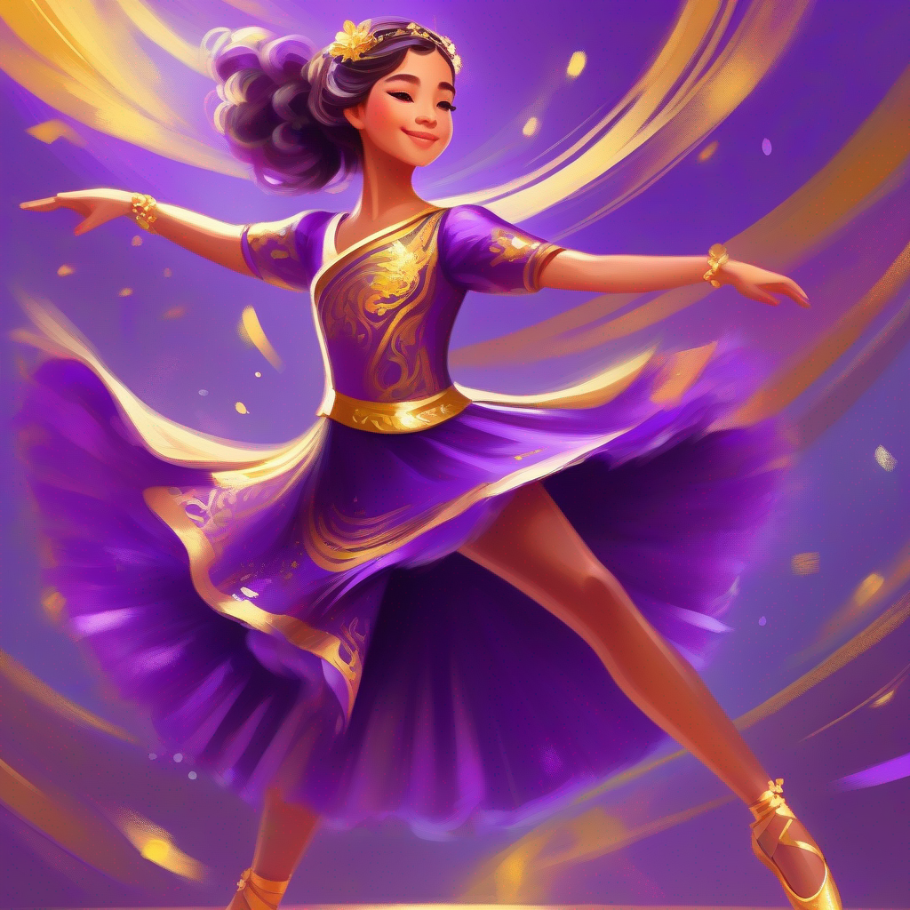 A talented girl in a purple and gold dance costume., the inspiring dancing girl who values honesty.