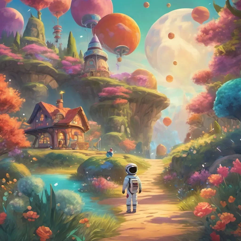 a whimsical, colorful landscape of a magical world with a sparkling rocket and a curious little astronaut dressed in a fun, cartoon space suit.