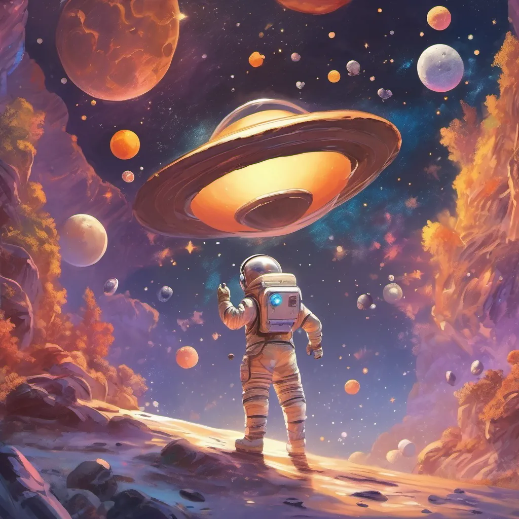a vibrant scene of Mercury with silvery craters, glowing like a shiny coin, and a happy little astronaut floating nearby in space