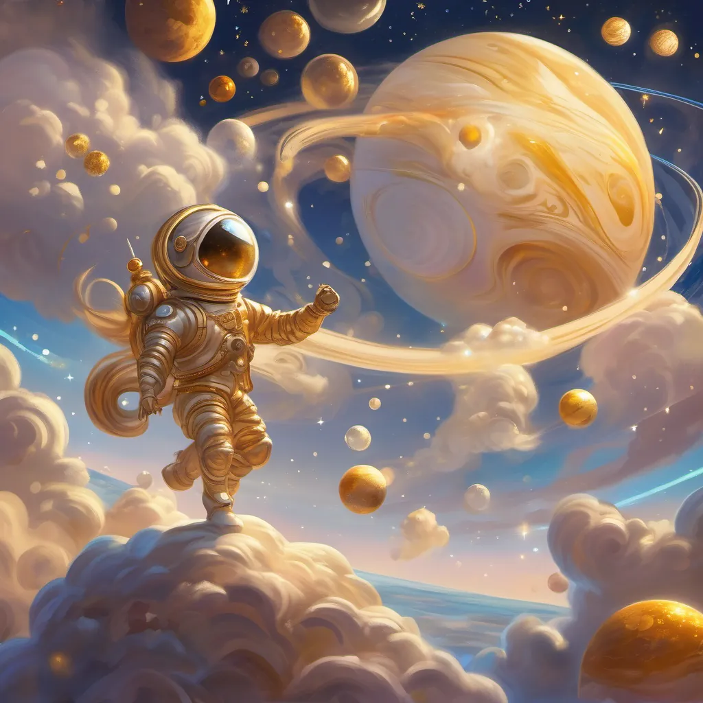 Venus, covered in swirling golden clouds, resembling a dancing ballerina, with a curious little astronaut in a fun cartoon space suit with a sparkling rocket, exploring the solar system admiring the view in awe.