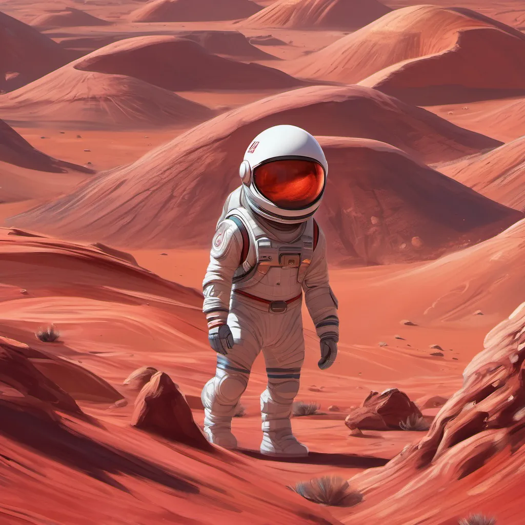A red, dusty Mars with big red dunes and wide-stretching canyons, with a curious little astronaut in a fun cartoon space suit with a sparkling rocket, exploring the solar system exploring the Martian surface.