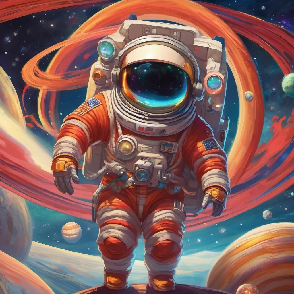 gigantic Jupiter showing its colorful bands and swirling Great Red Spot, with a curious little astronaut in a fun cartoon space suit with a sparkling rocket, exploring the solar system happily floating in space watching the spectacle.