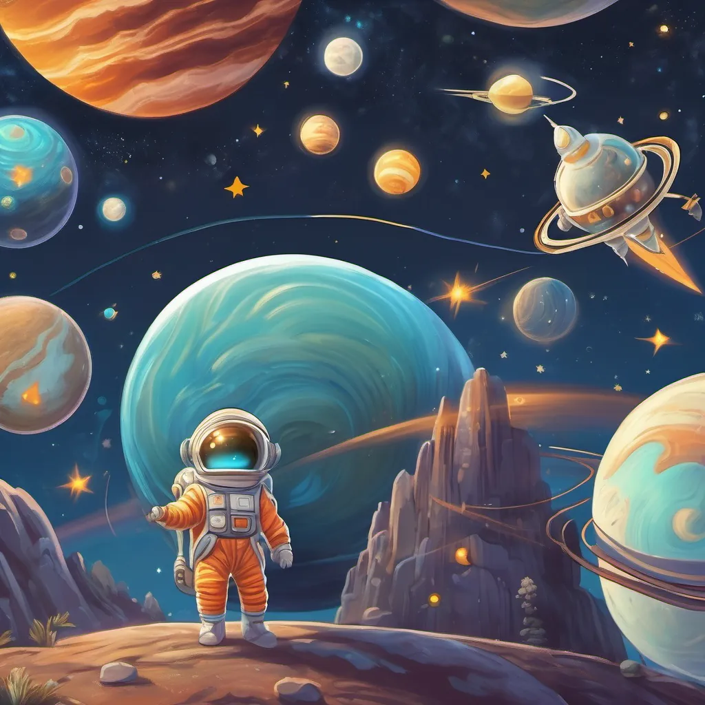 Uranus with its cool blue color, spinning sideways in a dark twilight sky, with a curious little astronaut in a fun cartoon space suit with a sparkling rocket, exploring the solar system smiling at the unique view.