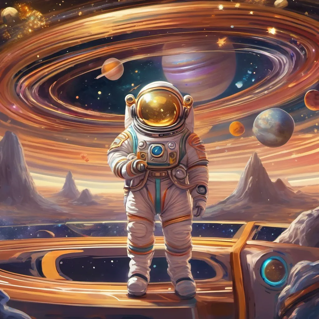 Saturn with its spectacular, glittering rings resembling a carousel, with a curious little astronaut in a fun cartoon space suit with a sparkling rocket, exploring the solar system looking amazed as the rings twinkle.