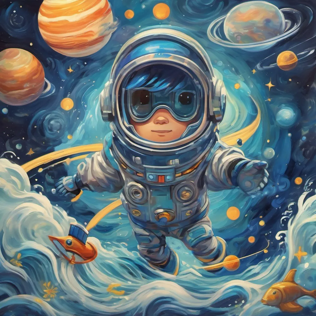 Neptune surrounded by deep blue swirling storms, resembling a wild ocean with a curious little astronaut in a fun cartoon space suit with a sparkling rocket, exploring the solar system watching in fascination.