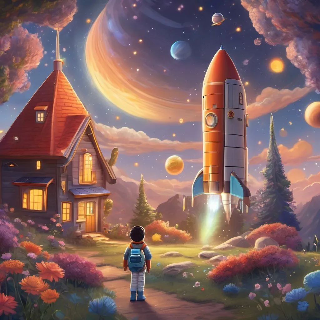 a curious little astronaut with a sparkling rocket, exploring the solar system's sparkling rocket returning to a whimsical home planet, with stars and planets twinkling in the sky.