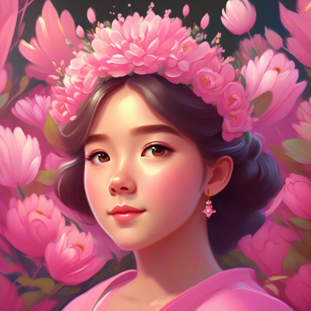 A girl in a pink dress with a crown on her head. in a beautiful pink dress, surrounded by flowers.