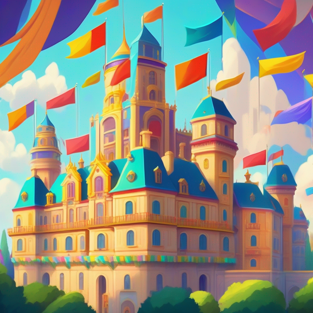 A magnificent palace with towers and colorful flags.