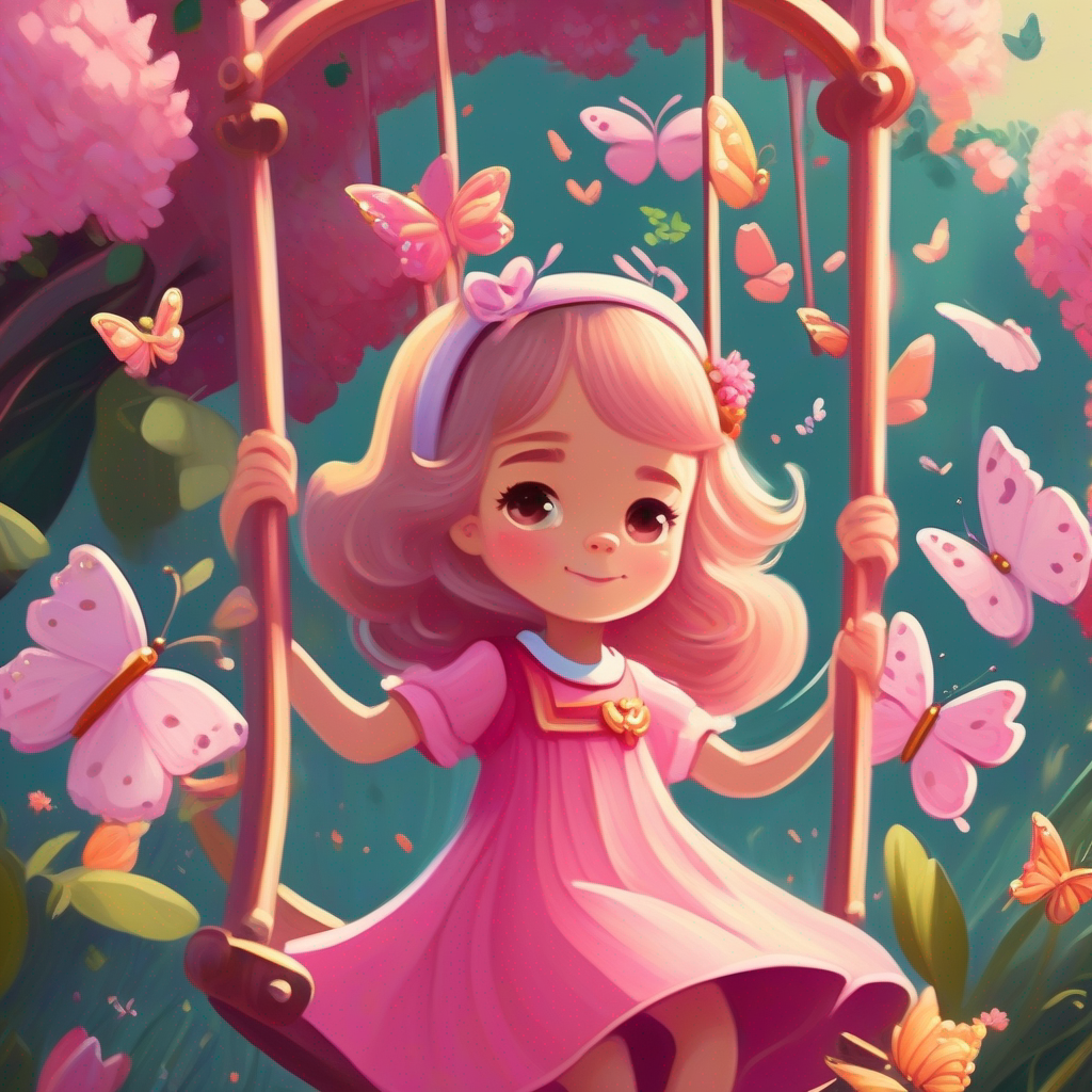 A girl in a pink dress with a crown on her head. swinging on a swing with butterflies in the garden.