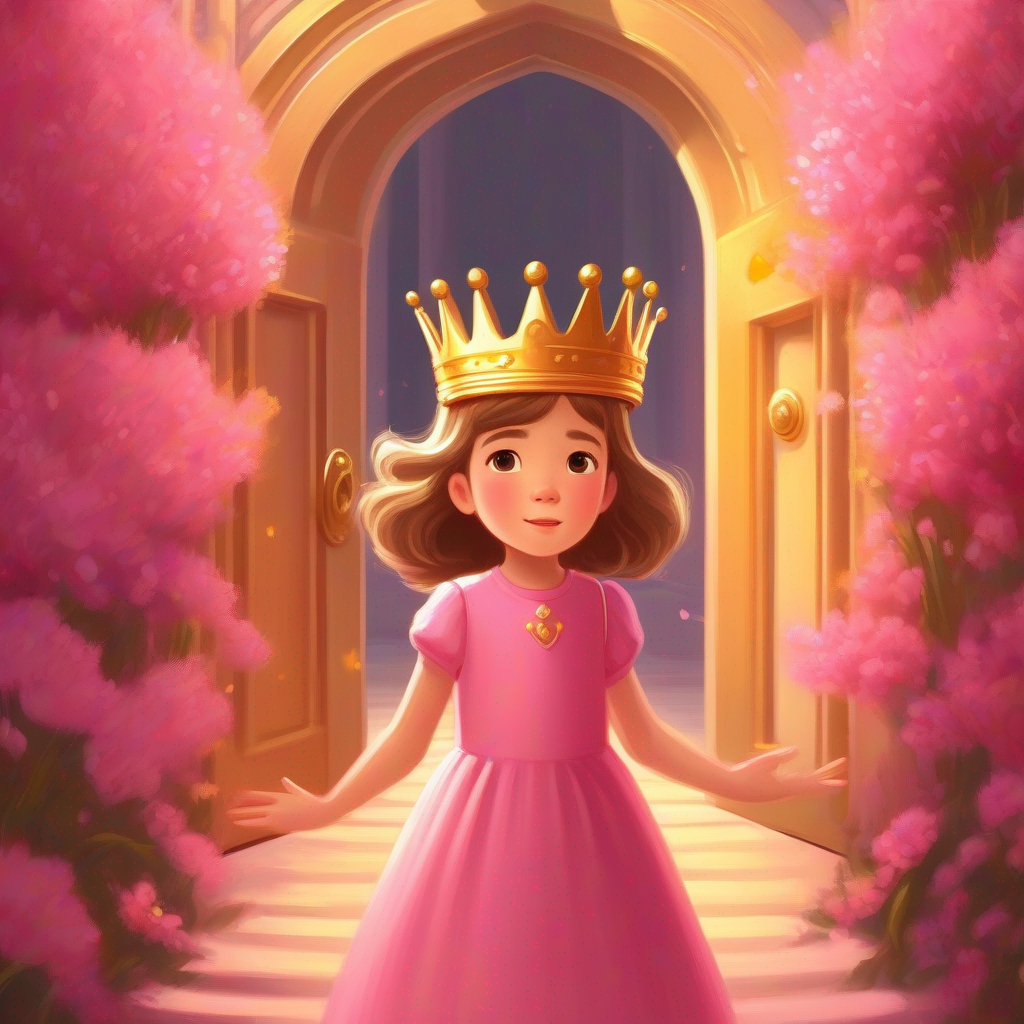 A girl in a pink dress with a crown on her head. opening a golden door with surprise in her eyes.