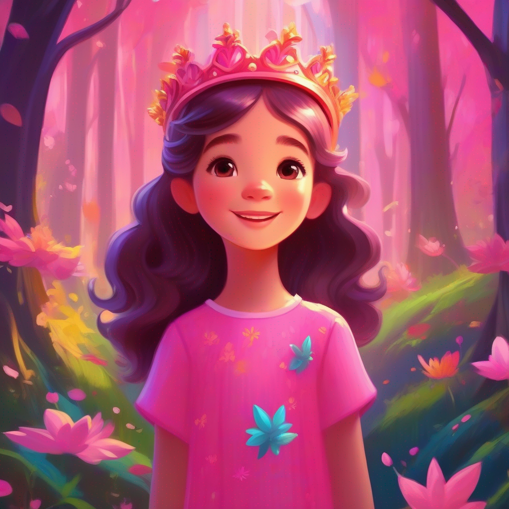 A girl in a pink dress with a crown on her head. with smiling fairies in a vibrant forest.