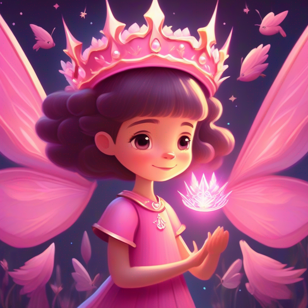 A girl in a pink dress with a crown on her head. holding hands with fairies while learning magic spells.