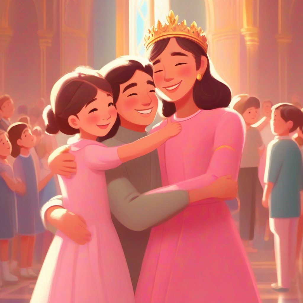 A girl in a pink dress with a crown on her head. happily hugging her smiling family in the palace.