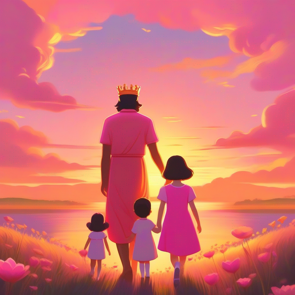 A girl in a pink dress with a crown on her head. and her family holding hands under a golden sunset.