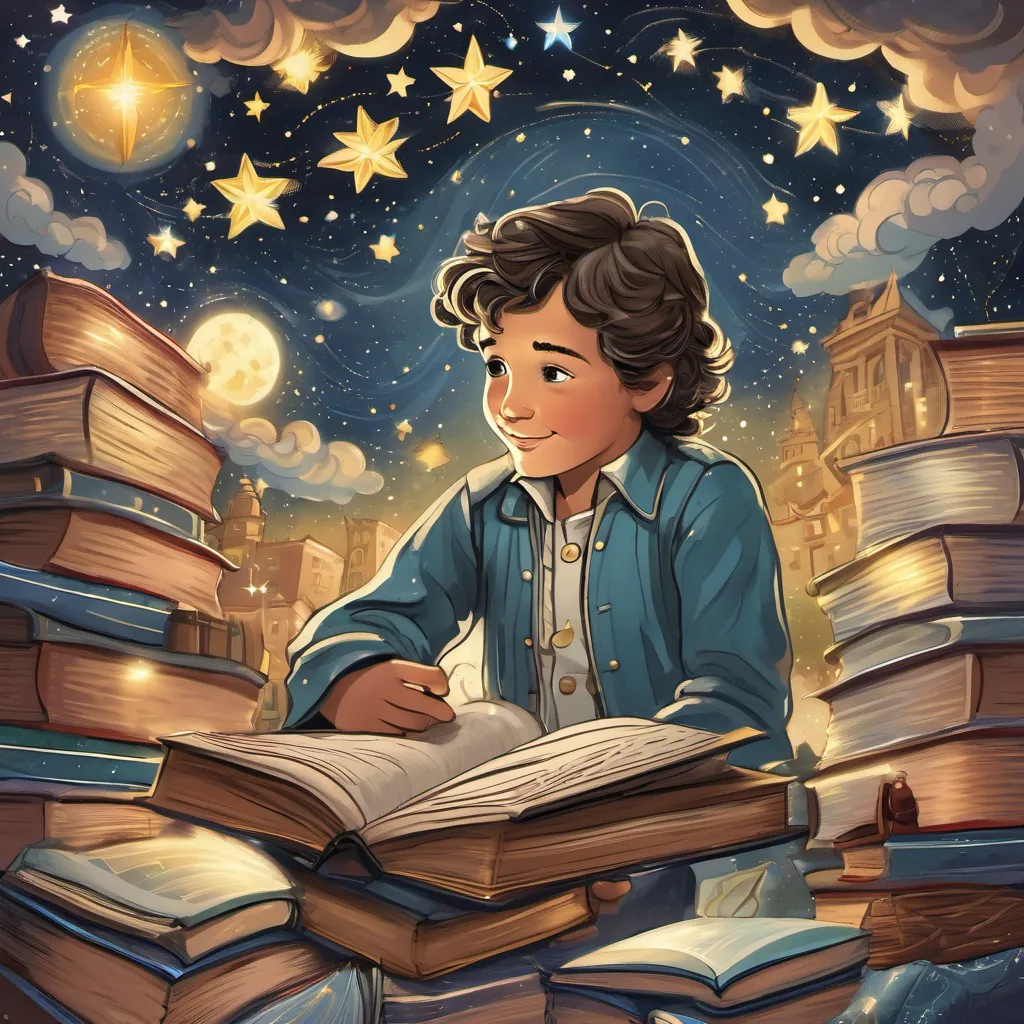 A whimsical, dreamy illustration of a young A young Saint John Baptist De La Salle, with hopeful eyes and a bright smile, immersed in a whirlwind of books and stars in a starry night sky, with twinkling stars and a bright, curious expression on his face.