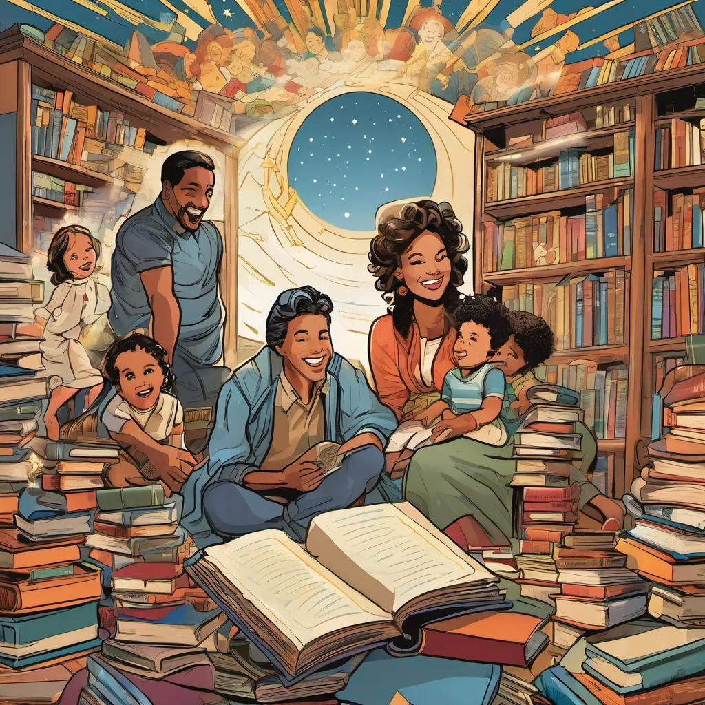 An illustration of a lively family scene with playful figures, juxtaposed with A young Saint John Baptist De La Salle, with hopeful eyes and a bright smile, immersed in a whirlwind of books and stars's thoughtful face reflecting a mix of joy and loss.