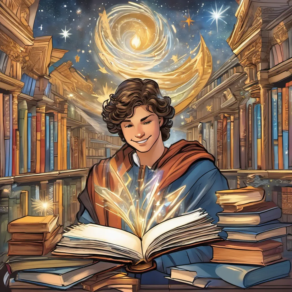 A young Saint John Baptist De La Salle, with hopeful eyes and a bright smile, immersed in a whirlwind of books and stars surrounded by open books, a gentle breeze ruffling the pages, creating a magical and educational atmosphere.