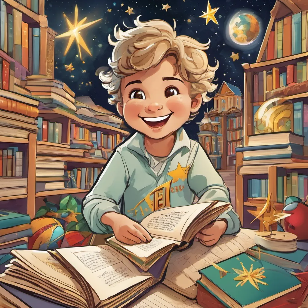 A jolly Adrien Adrien Nyel with a playful grin, animated and full of enthusiasm, depicted with symbolic educational elements and A young Saint John Baptist De La Salle, with hopeful eyes and a bright smile, immersed in a whirlwind of books and stars engaging animatedly, surrounded by playful school elements like alphabets and books.