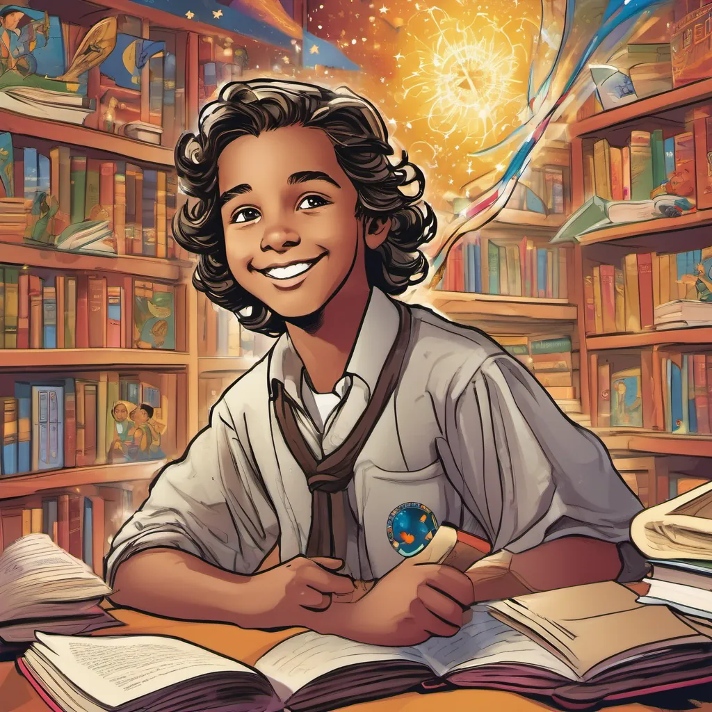 A young Saint John Baptist De La Salle, with hopeful eyes and a bright smile, immersed in a whirlwind of books and stars teaching in a lively classroom, with students eagerly listening, surrounded by vibrant educational elements.