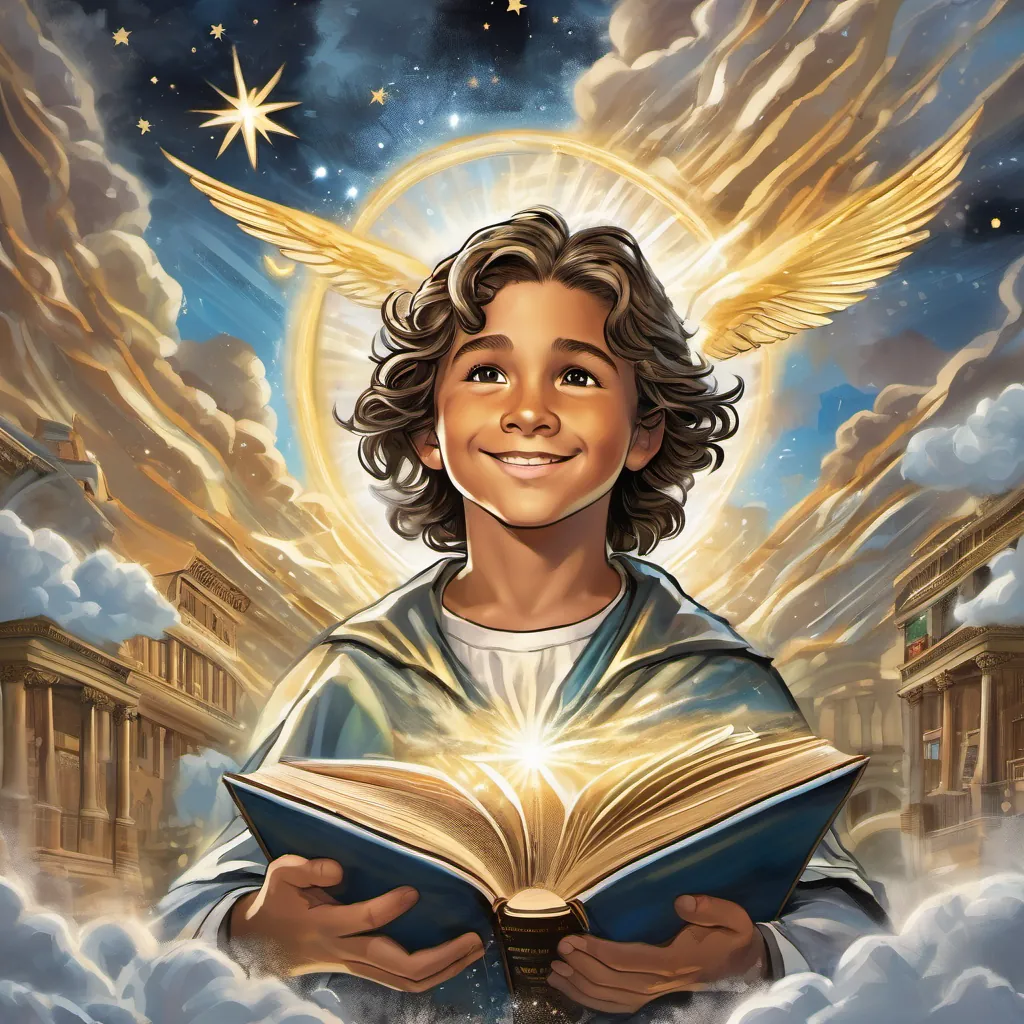 A young Saint John Baptist De La Salle, with hopeful eyes and a bright smile, immersed in a whirlwind of books and stars standing firm amidst symbolic storm clouds, with rays of light breaking through, representing hope and unity.