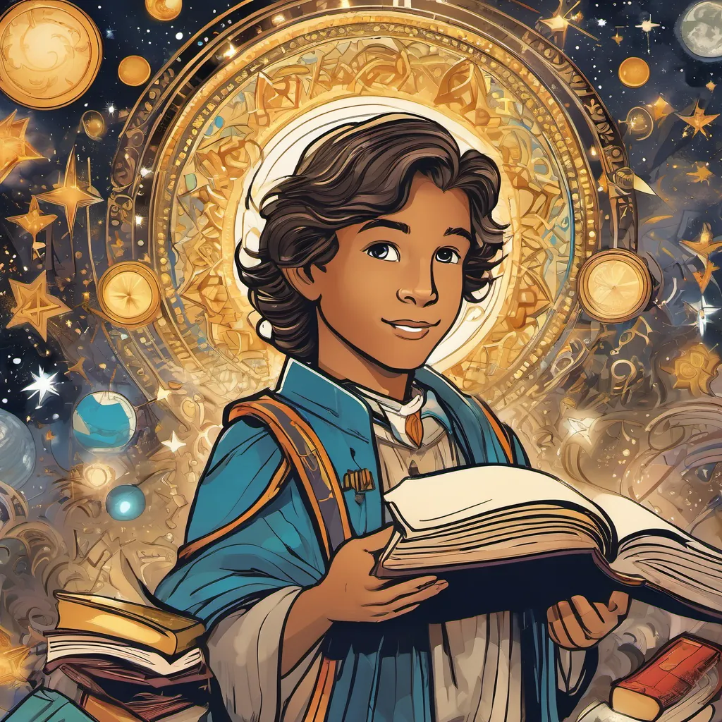 A final portrayal of A young Saint John Baptist De La Salle, with hopeful eyes and a bright smile, immersed in a whirlwind of books and stars, surrounded by glowing symbols of education and compassion, inspiring the reader.