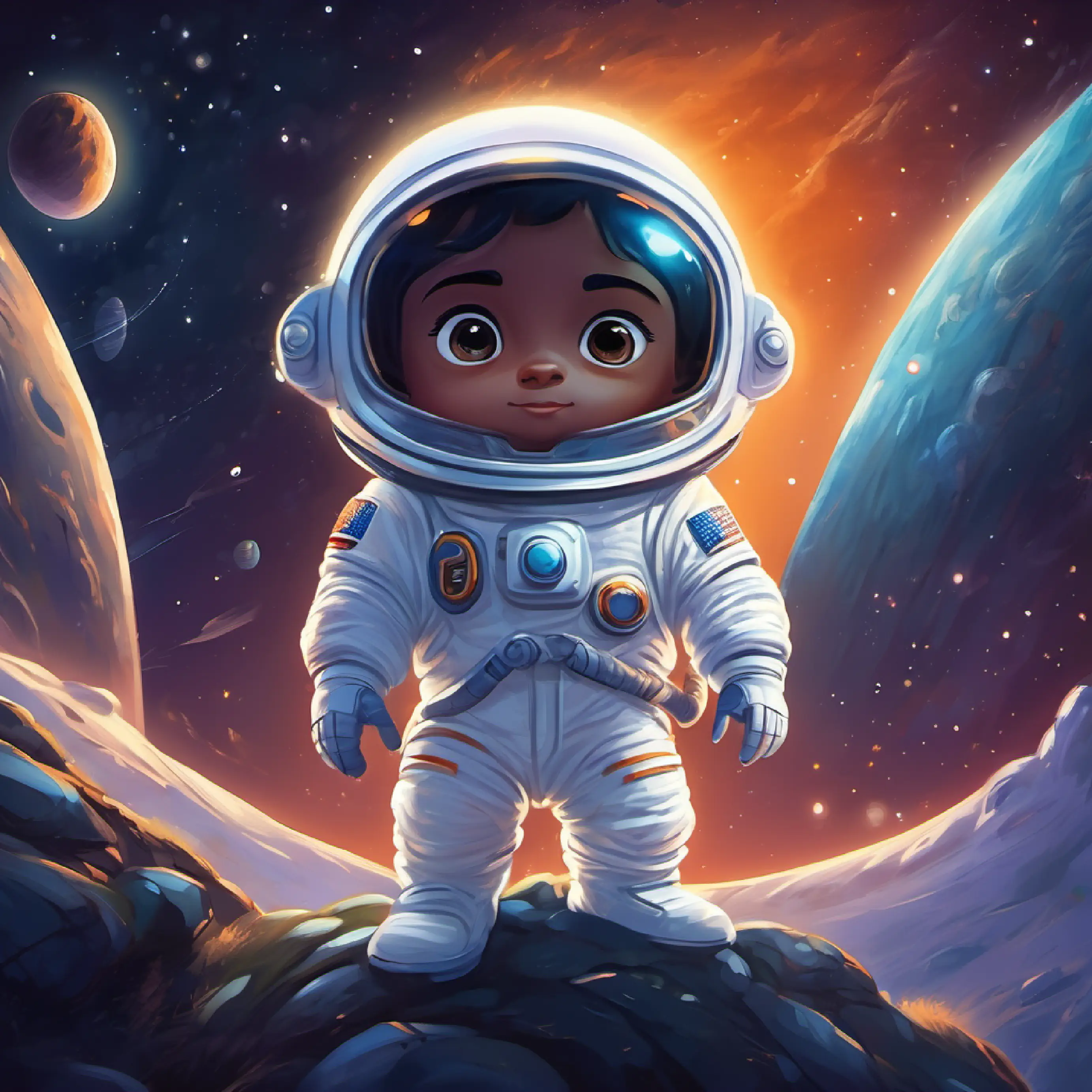 Small astronaut, wears a white space suit, has big curious eyes's spaceship heads to Earth, night setting with stars.