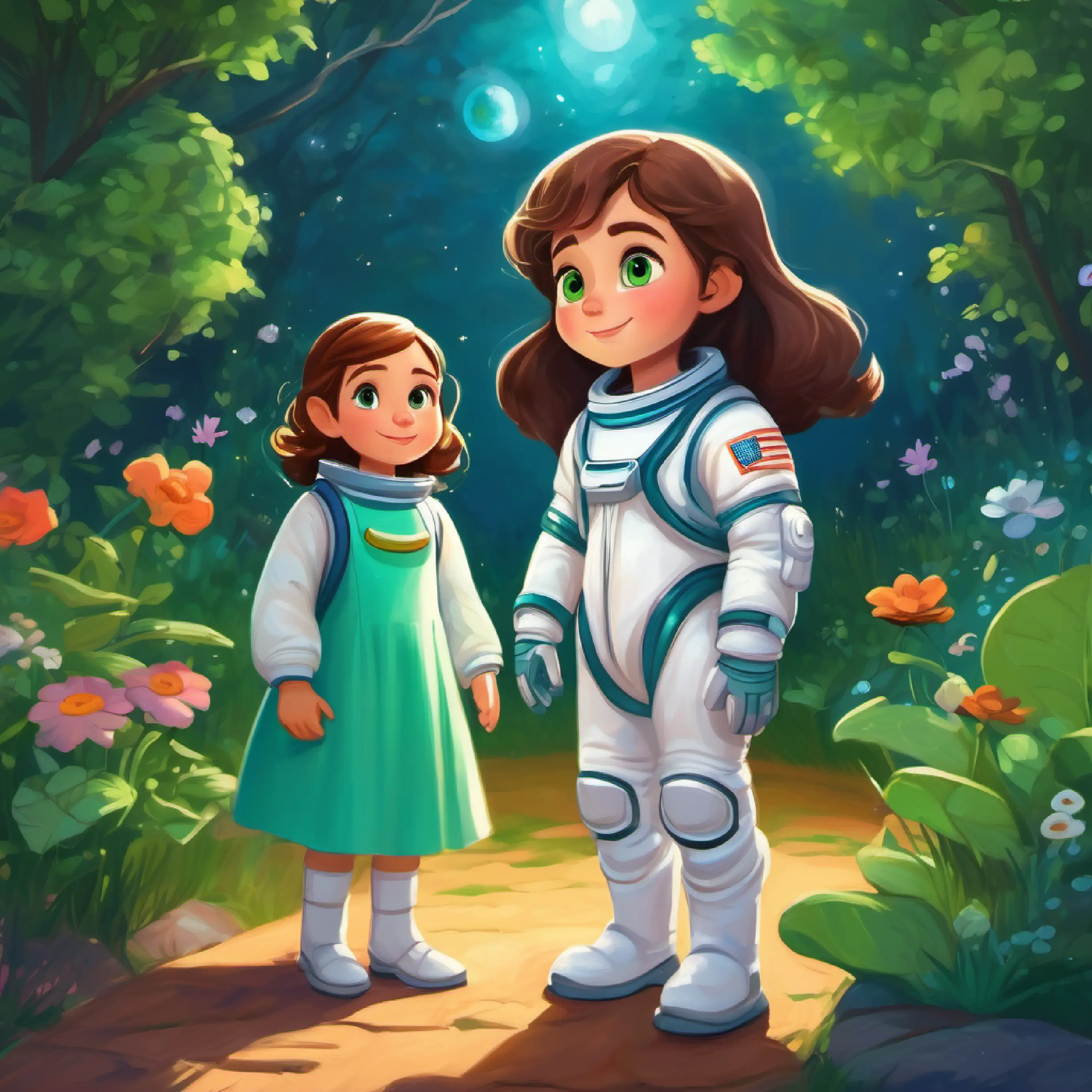 Small astronaut, wears a white space suit, has big curious eyes lands and meets Friendly Earth girl, long brown hair, green eyes, wears a blue dress in her garden, daytime.