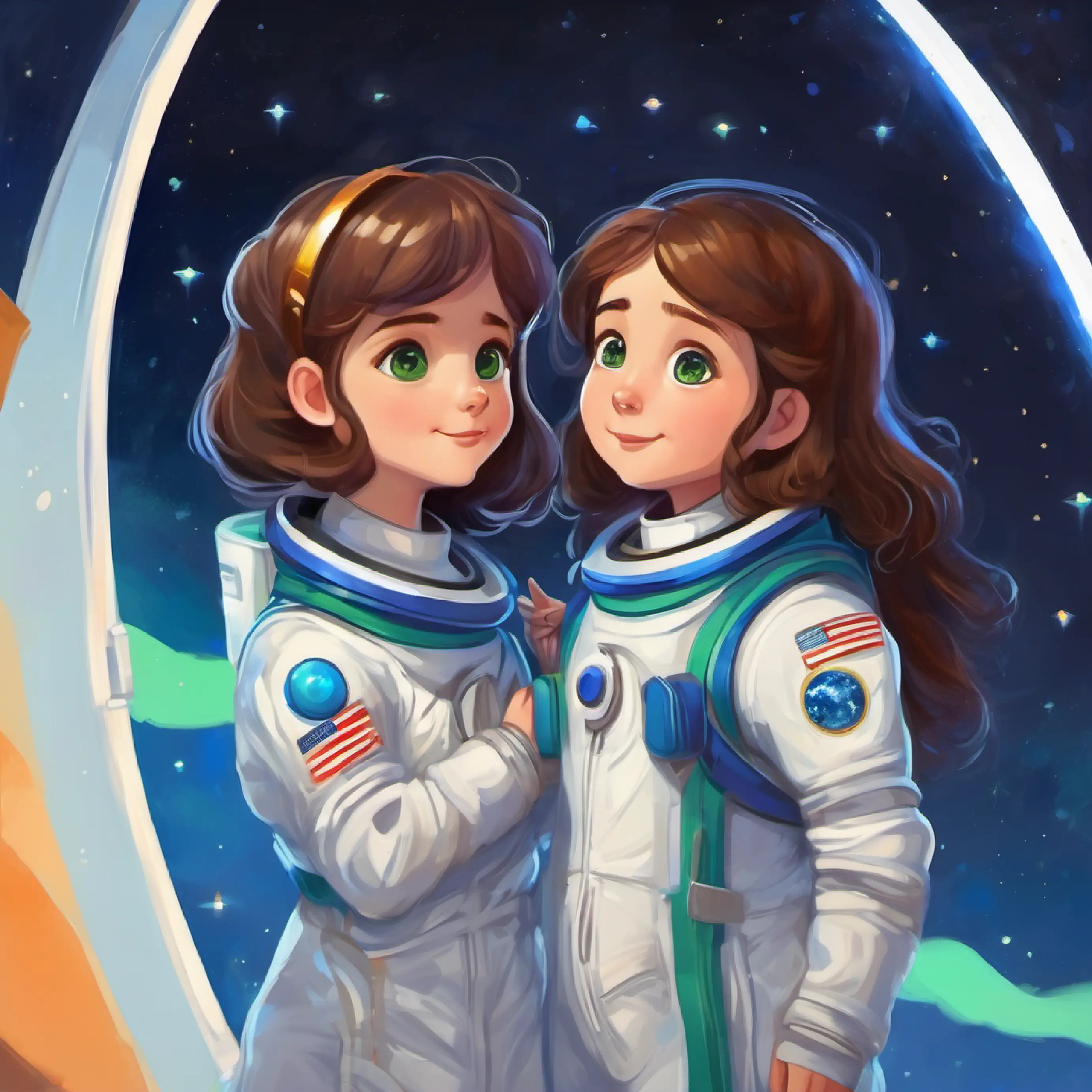 Goodbye hugs, a gift from Friendly Earth girl, long brown hair, green eyes, wears a blue dress, Small astronaut, wears a white space suit, has big curious eyes returns to space.