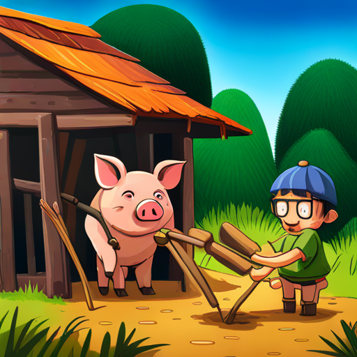 The second pig building his house with sticks