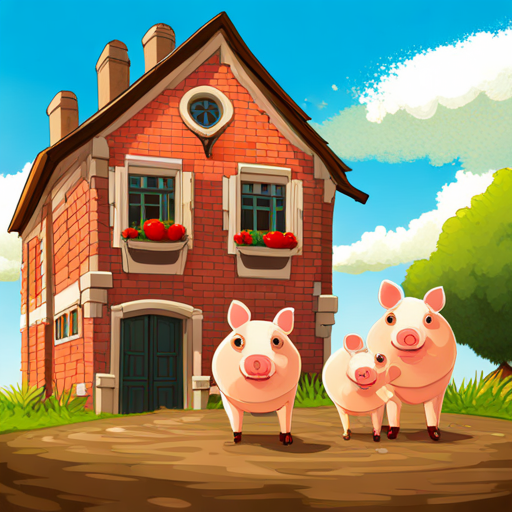 The three pigs standing infront of the brick house