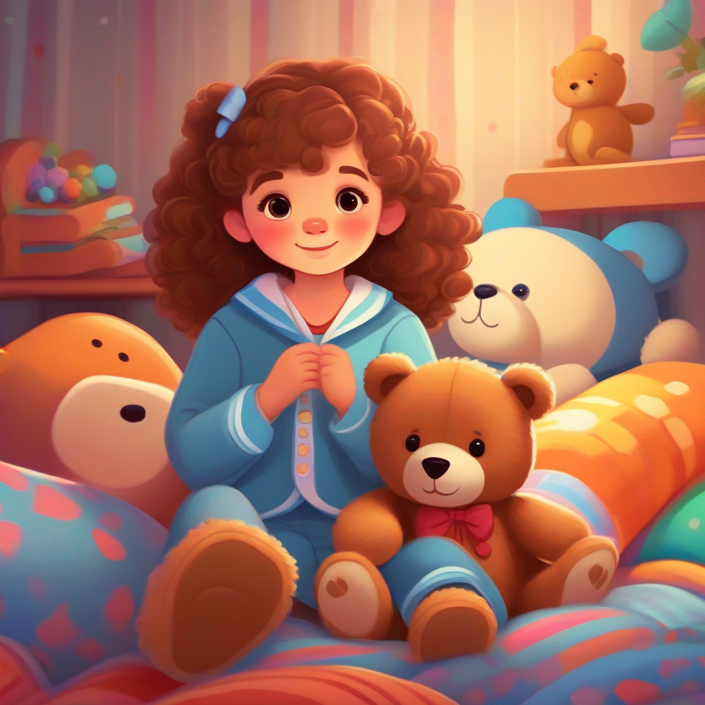 Lily with curly brown hair, wearing pajamas with cute teddy bear prints. and Benny with soft brown fur, wearing a blue bowtie. in a cozy room with toys and colorful blankets.