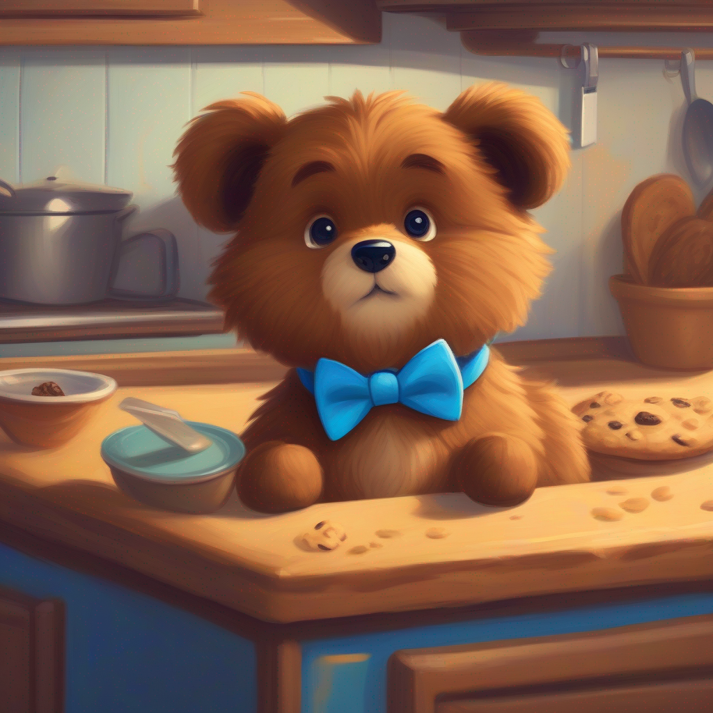 Benny with soft brown fur, wearing a blue bowtie., holding a half-eaten cookie, hiding behind a kitchen counter.