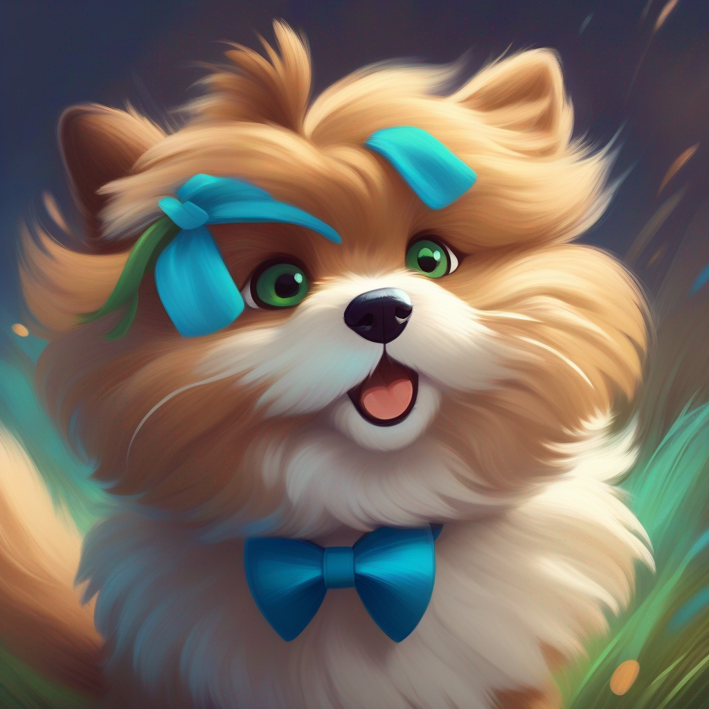 Benny with soft brown fur, wearing a blue bowtie. and Fluffy with fluffy white fur, sly green eyes. chasing each other in a playful game.