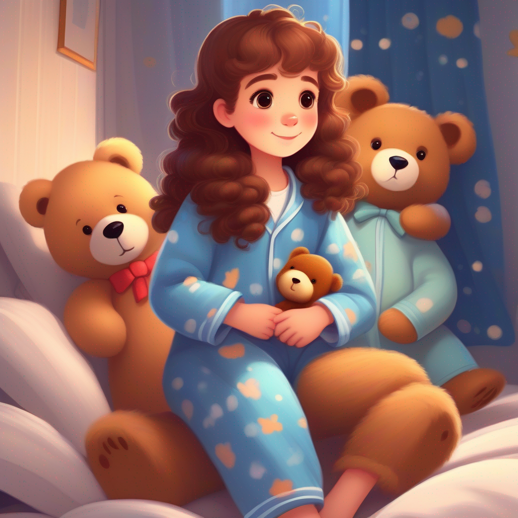 Lily with curly brown hair, wearing pajamas with cute teddy bear prints. waking up to find Benny with soft brown fur, wearing a blue bowtie. back beside her, looking like an ordinary teddy bear.