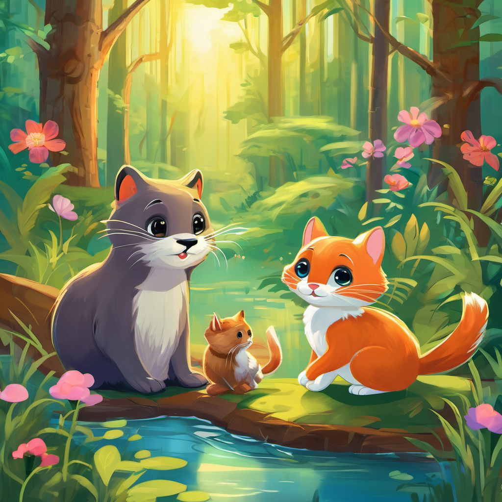 Once upon a time in the colorful land of Cartoontopia, there lived three best friends: Oscar the Otter, Bella the Bunny, and Charlie the Cartoon Cat. They were inseparable and enjoyed embarking on exciting adventures together. One sunny day, the trio decided to visit the enchanted forest, where they knew magical creatures resided. As they entered the forest, they noticed a peculiar sound echoing through the trees. It was a mysterious voice whispering in a language they had never heard before.