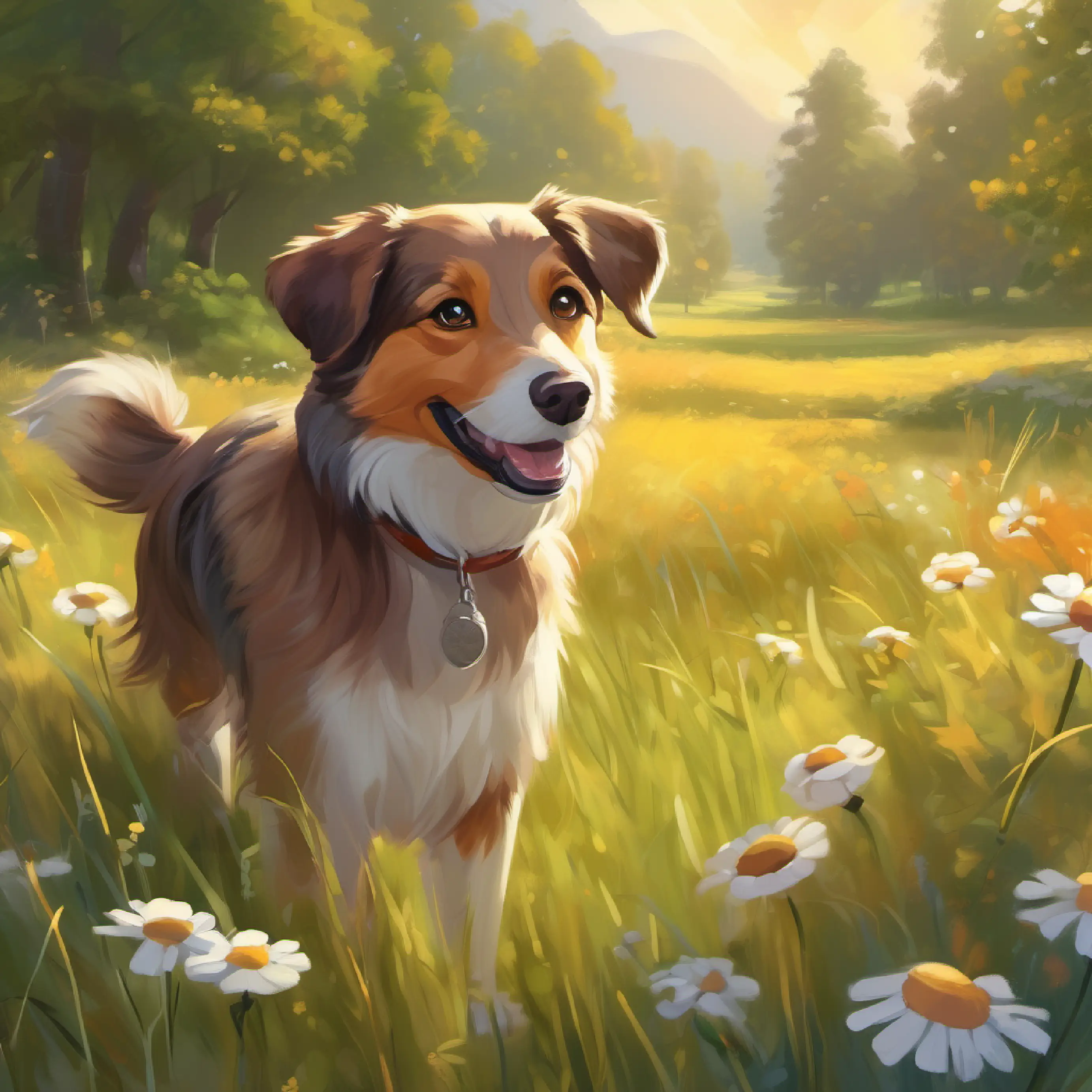 Introduction to Happy dog, brown fur, playful sparkle in eyes and Wise older dog, grey-whiskered snout, kind eyes, sunny meadow setting