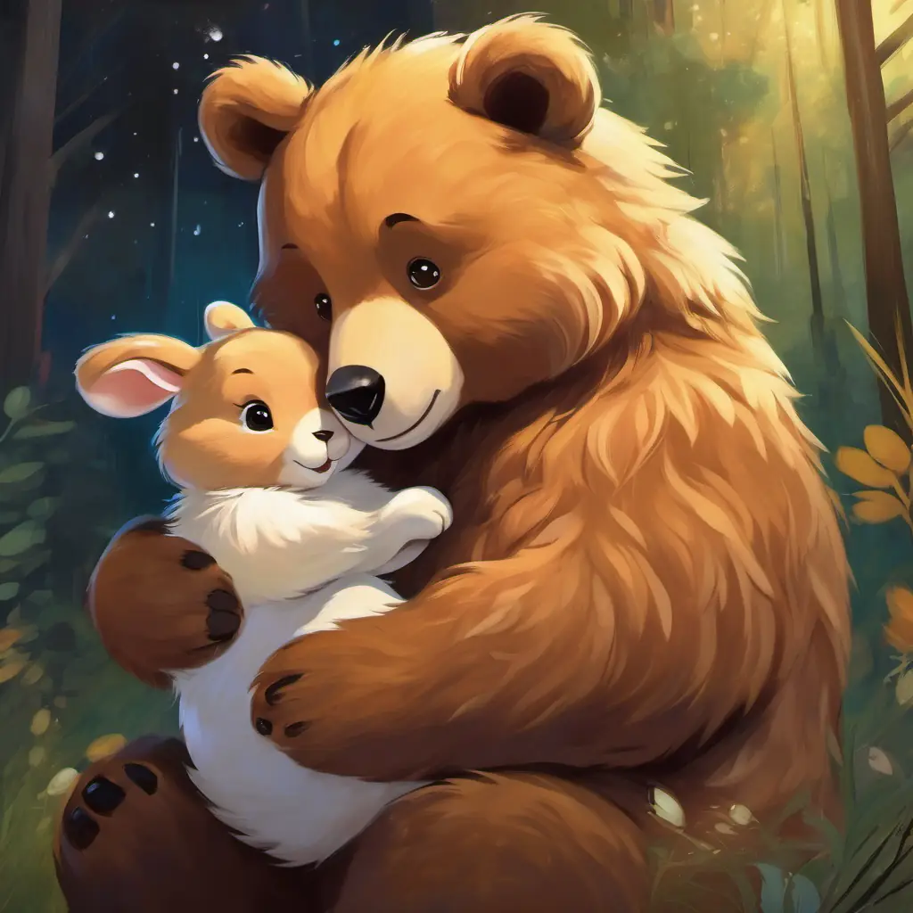 The bond of friendship between Little bear with soft brown fur, bright black eyes and Baby rabbit with long, floppy ears, shiny brown eyes formed through sharing.