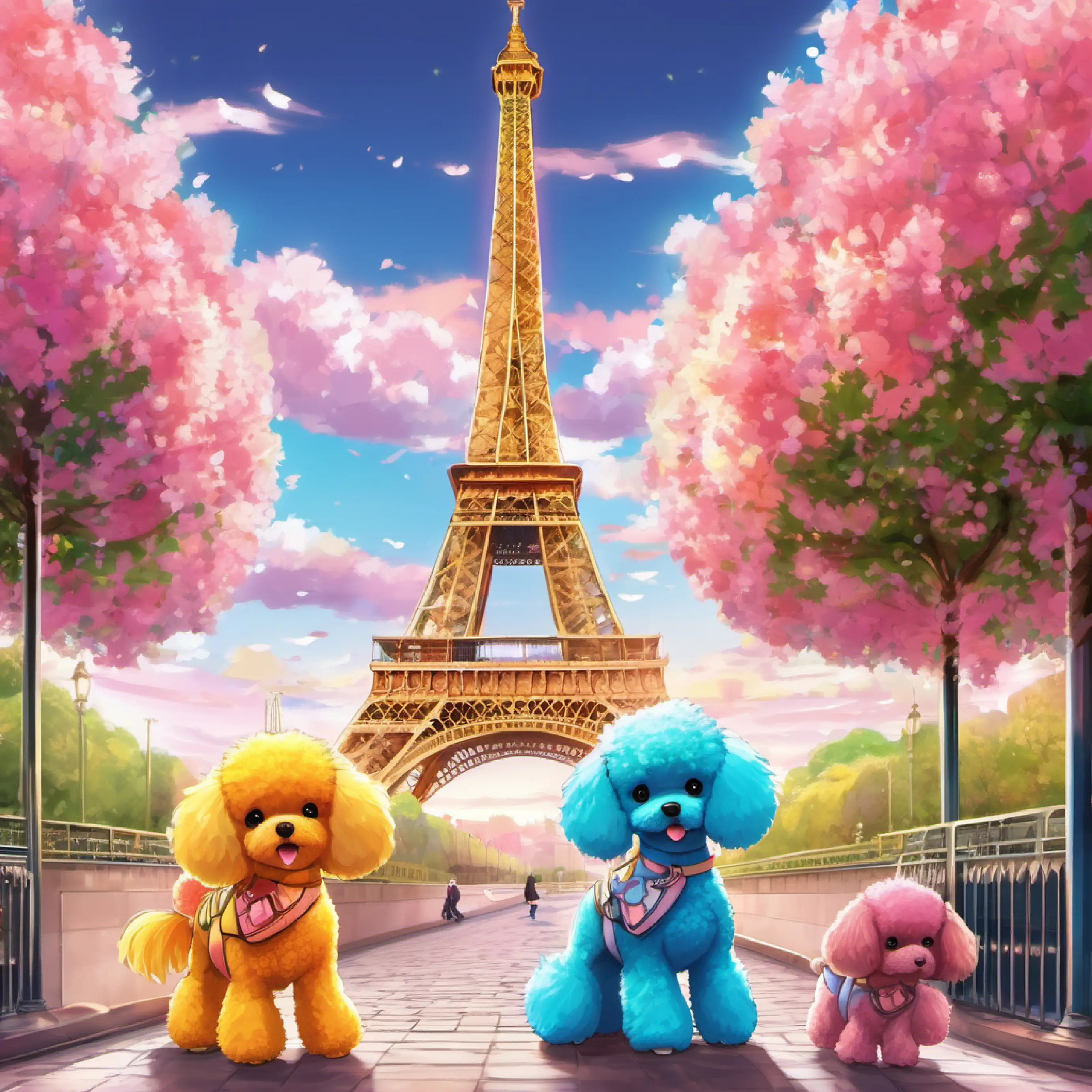 The Pompom Poodles arrive in Paris and admire the Eiffel Tower.