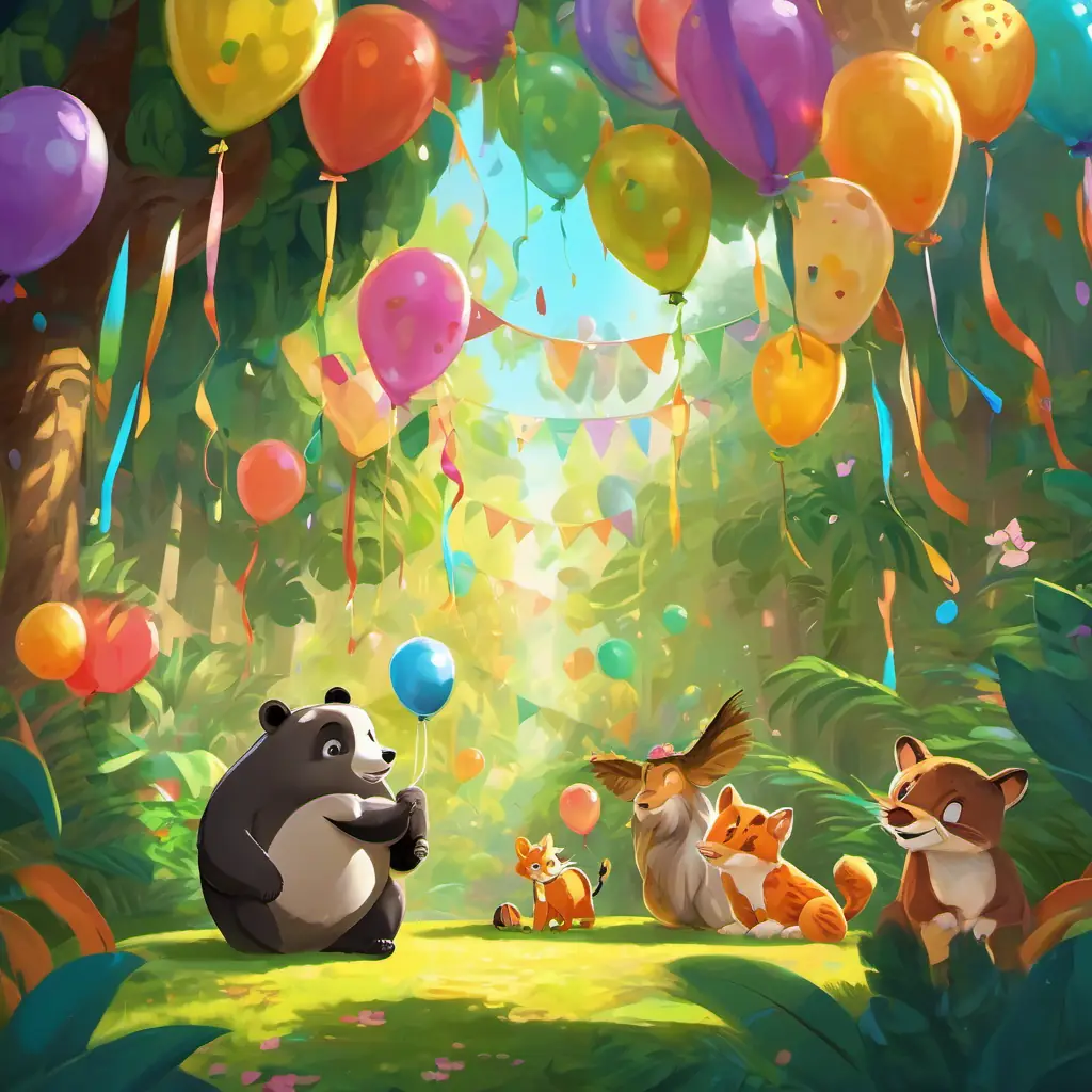 In the bright and colorful jolly jungle, where friendly animals gather to celebrate Olivia's birthday, with balloons, streamers, and confetti everywhere.