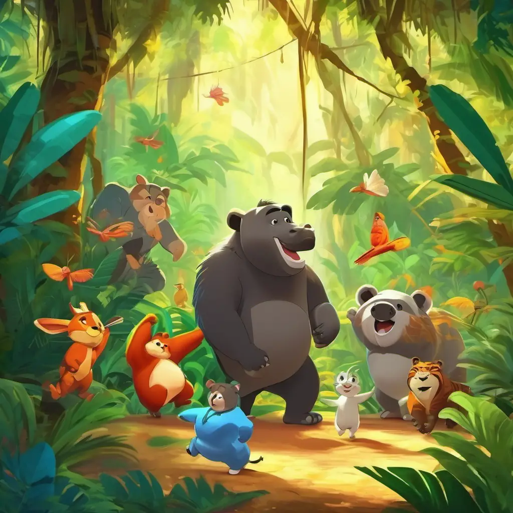 Picture the lively fiesta in the jungle with animals dancing and having a great time together.