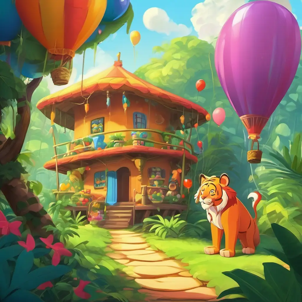 Imagine a cheerful party with bouncing balloons, colorful presents, and yummy treats in the jungle.