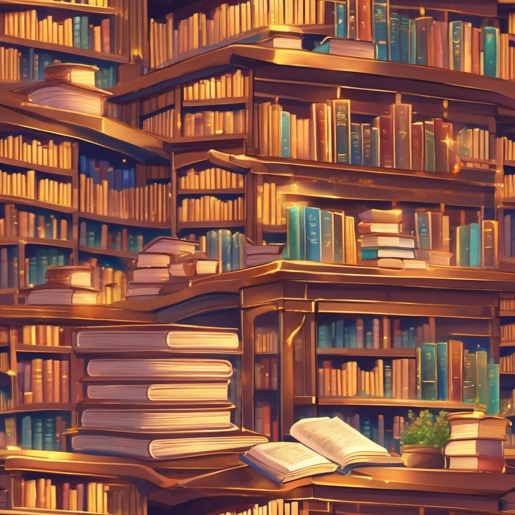 A cozy library with books on high shelves and a magical book with a glittery gold cover and colorful pages that shimmer and flap, a glittery gold book, whispering to the other books.