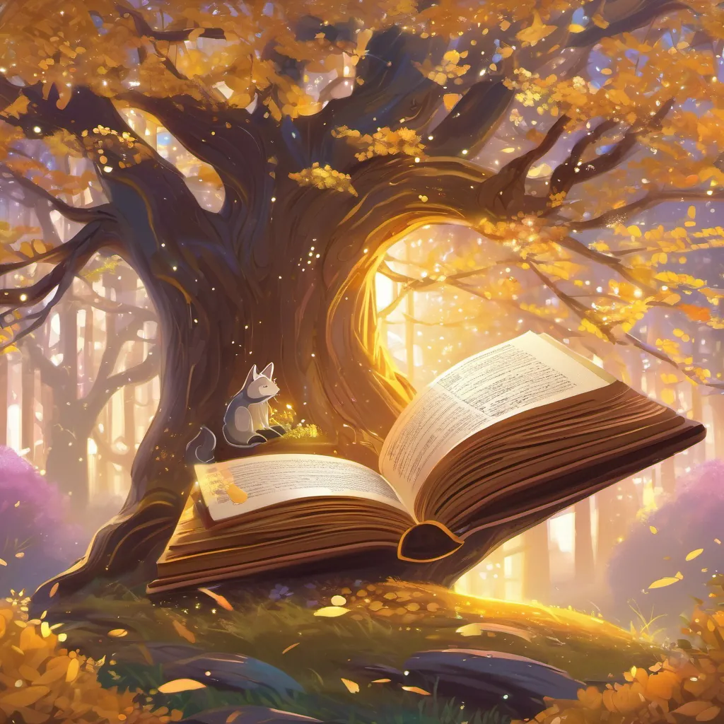 a magical book with a glittery gold cover and colorful pages that shimmer and flap wide open beneath the magical tree, absorbing golden storybook light from its branches.