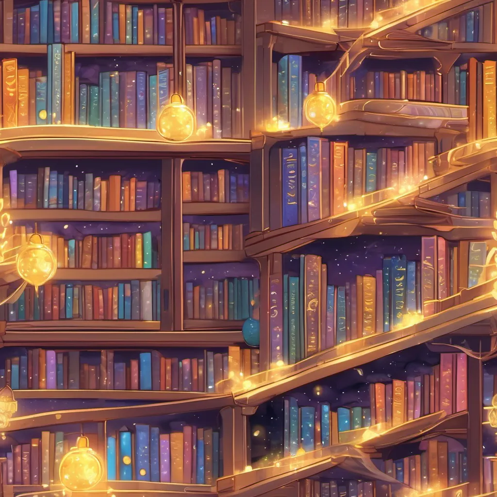 A cozy library with a magical book with a glittery gold cover and colorful pages that shimmer and flap glowing brightly on a high shelf, whispering proudly to other animated books.