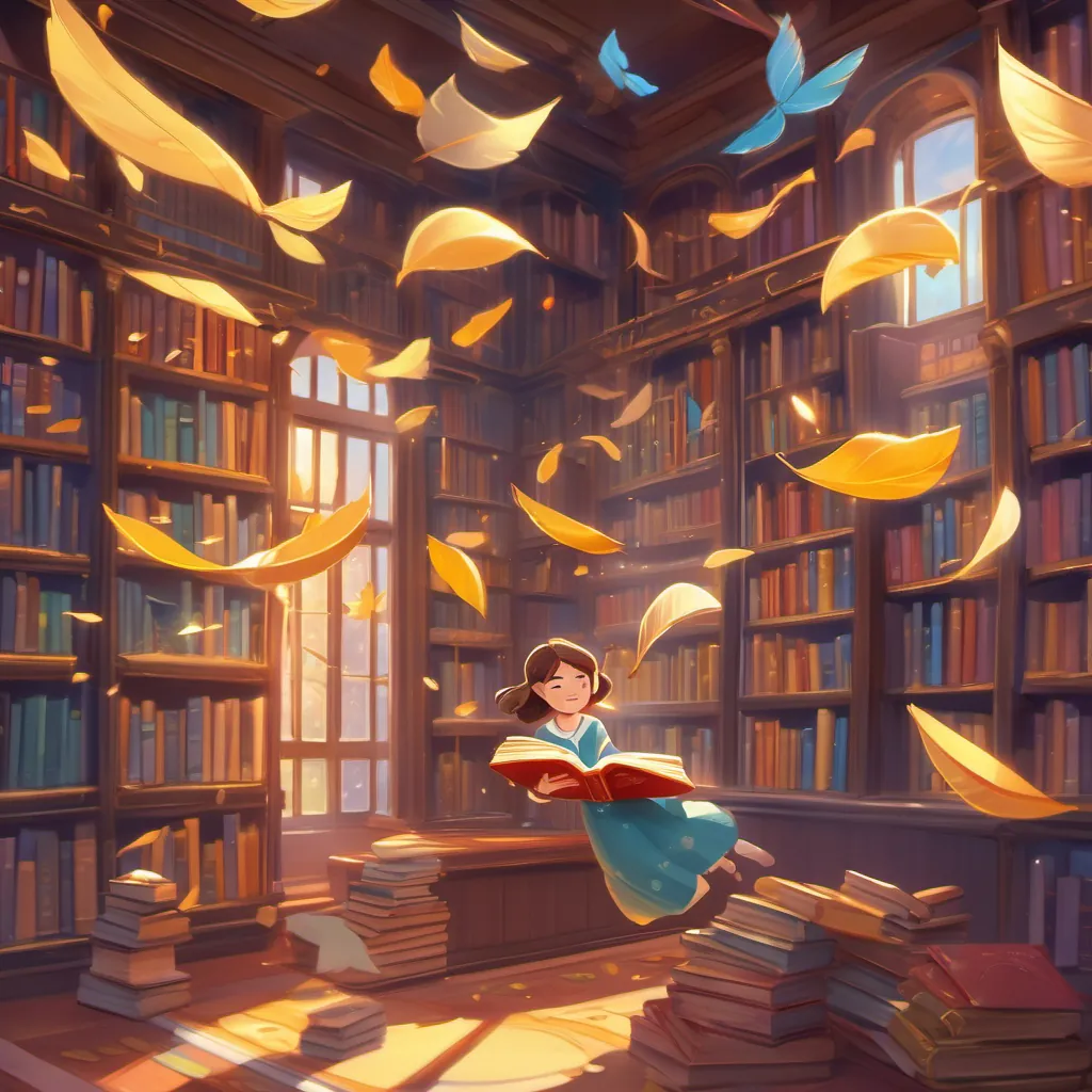 A gust of wind blows into a cozy library, knocking a magical book with a glittery gold cover and colorful pages that shimmer and flap from her shelf. She is falling mid-air with pages fluttering.