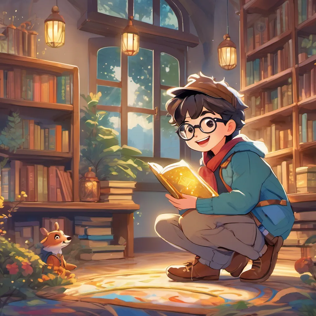 a small boy with large glasses and a big, adventurous smile, wearing outdoor clothes ready for a quest, a small boy with large glasses, kneeling beside a magical book with a glittery gold cover and colorful pages that shimmer and flap with an excited expression, inviting her to join his quest.